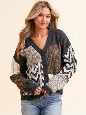 Blu Pepper Colorblock Patchwork Cardigan in Charcoal, Brown & Cream